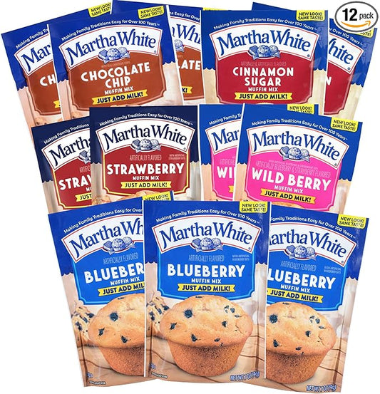 Martha White Muffin Mix Sampler Variety Pack, Pack of 12, Chocolate Chip, Blueberry, Strawberry, Cinnamon Sugar, Wildberry, Just Add Milk