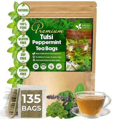 FreshDrinkUS, Premium Tulsi Peppermint Herbal Tea – 135 Tea Bags, 100% Natural, Blend of Tulsi Holy Basil Leaves, and Peppermint Leaves. Made with Natural Material Tea Bags. No Sugar, Vegan.