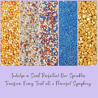 Confect Cake Decorating Sprinkles |Edible Pearl Sprinkles | Mix Gold White Blue & Yellow Pearl Dragees | Blue Jimmies | Gold Sparkling Sugar | Glam Sprinkles | Vegan, Gluten-Free, Nut-Free, Soy-Free, Dairy-Free, Palm Oil-Free - 5 Oz