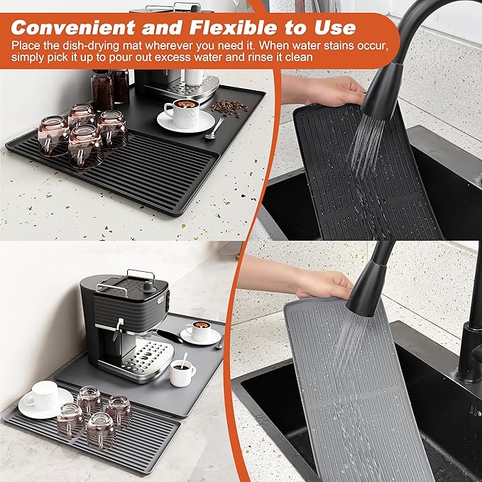 Silicone Coffee Mat, 24 x 16 Inch Non-Slip Heat Resistant, Large and Small Combination Bar Mat, Convex Edge Spill Resistant Design for Coffee Machines and Kitchen Countertops,Straight Stripe Black