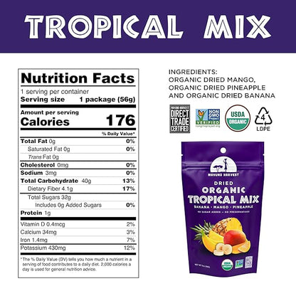 Mavuno Harvest Tropical Mix Dried Fruit Snack | Unsweetened Organic Mixed Dried Fruit | Gluten Free Healthy Snacks for Kids and Adults | No Sugar Added, Vegan, Non GMO | 2 Ounce, Pack of 6