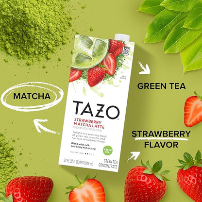 TAZO Tea Concentrate, Chocolate Chai Latte, Strawberry Matcha Latte, Iced Peach Mango 32 Fl Oz (1ea) (Variety Pack)