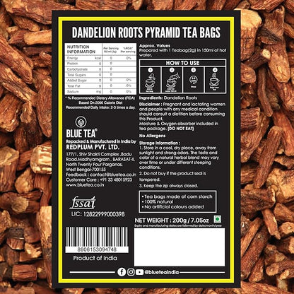 BLUE TEA - Dandelion Root Tea - 100 Count - Pyramid Plant Based Tea Bag | Support Kidney Function & Healthy Digestion | Detox Tea | Herbal Tea - Caffeine Free - Non-Bitter - Mild Flavor | Zipper Pack
