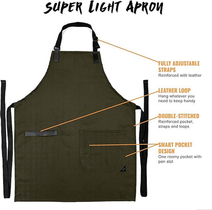 Under NY Sky Super Light Apron - Pocket, Towel Loop, Leather Reinforcement - Kitchen Bib Apron - Cook, Chef, Server, Barista