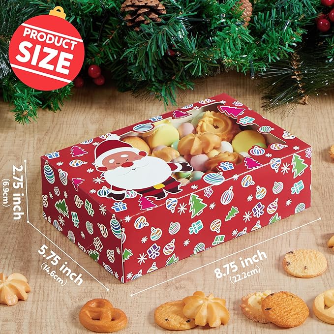 JOYIN 12 PCS Christmas Cookie Boxes for Gift Giving, 8.75" x 5.75" x 2.75" Bakery Treat Boxes Containers with Window for Xmas Holiday Birthday Party Pastries, Cupcakes, Brownies, Donuts, Baked Goods