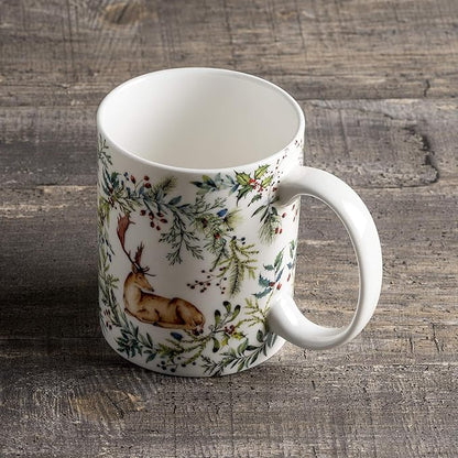 Maison d' Hermine Coffee Mug with Handles Fine Bone China Mugs Pack of One Tea Cups for Hot Beverages Cappuccino Latte Home Restaurant Office Perfect for Gift (Holly Time - Cerf, 12 Ounce)