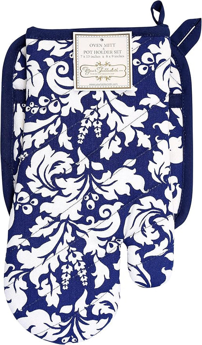 Yourtablecloth Set of Oven Mitt and Pot Holder or Oven Gloves-100% Cotton, High Heat Resistance, Superior Protection & Comfort–Elegant Design-Machine Washable-Nautical Blue