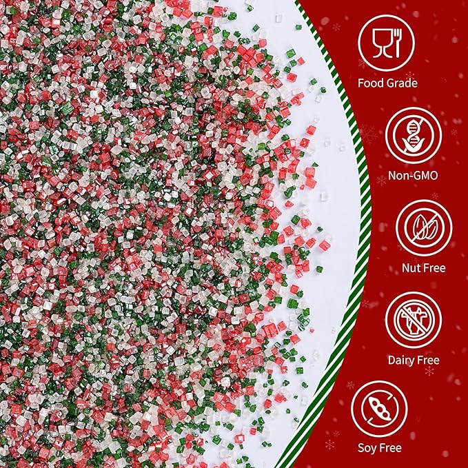 Christmas Sanding Sugar Sprinkles,150g/5.3oz,Edible Red Green and White Sprinkle for Cake Decorating,Colored Crystals Sprinkle Mix for Cookies,Ice Cream,Fondant Cake,Caramel Apples,Cupcakes Decoration Topper,Desserts,Wedding Birthday Christmas Thanksgi...