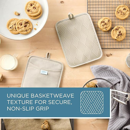 TOWN & COUNTRY BASICS Basketweave Soft Silicone Pot Holder 2-Pack Set, Heat Resistant up to 500F, Flexible Silicone, Non-Slip Grip, Beige, 7.5"x10"