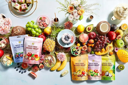 SUNGIVEN Freeze Dried Fruit Party with 10+ Fruits, Mixed Fruits Variety Pack of 5 Bag, 7.06 oz, Health Snack, Fruit Crisps, Freeze Dried Apple Strawberry Berries Lemon Coconut Fig Mango Pineapple, No Sugar Added, Made with 100% Fruit