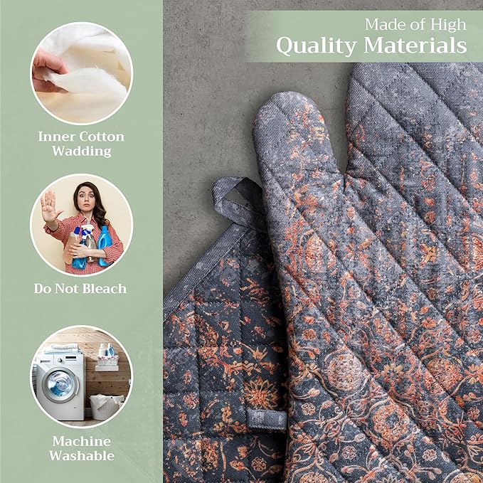 Maison d' Hermine 100% Cotton Oven Mitt & Pot Holder Set (7.5"x13" & 8"x8") Heat Resistant BBQ Cooking Gloves with Loop, Baking, Grilling, Kitchen, Handling Hot Pans (Imperfection)