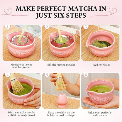 Matcha Whisk Set, Pink Matcha Set, 8 Pcs Complete Ceramic Matcha Making Kit with Bowl, Bamboo Whisk & Holder, Stainless Sifter, Tea Towel, Scoop & Scoop Rest, Perfect for Beginners & Lovers