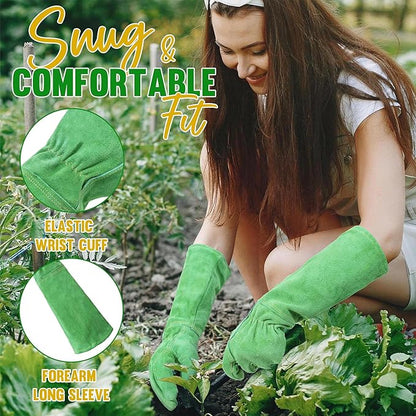 HANDLANDY Leather Gardening Gloves, Thorn Proof Long Gauntlet Heavy Duty Garden Gloves, Elbow Length Rose Pruning Weeding Yard Glove (Small, Green)