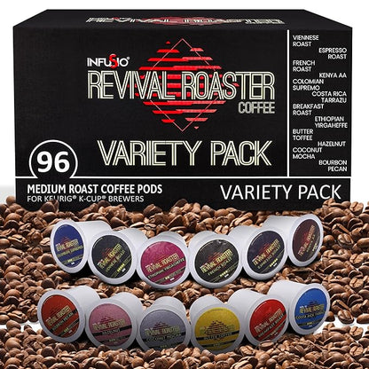 InfuSio Coffee Pods Variety Pack – 96 Count, 12 Crafted Medium & Dark Roast Blends and Artisan-Inspired Flavors Like Bourbon Pecan & Butter Toffee, Revival Roaster Collection, Compatible with Keurig 2.0 Brewers