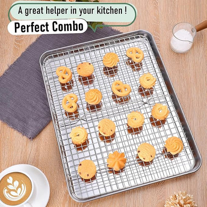 Baking Sheet with Wire Rack, Homikit 16" x 12" Stainless Steel Cookie Sheet Bacon Pan for Oven, Nonstick Jelly Roll Pan Baking Tray with Grid Cooling Rack Set for Cooking Roasting, Dishwasher Safe