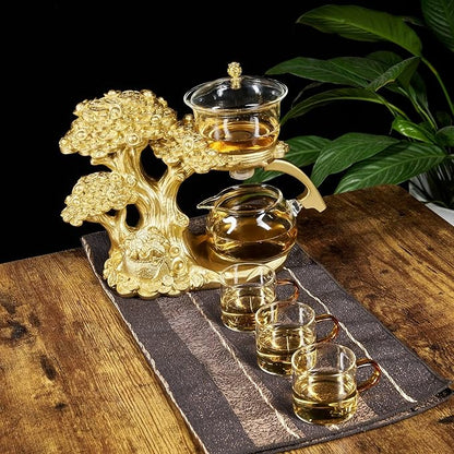 Glass Teapot Set with Infuser Semi Automatic Tea Set Magic Teapot (Tree - golden)