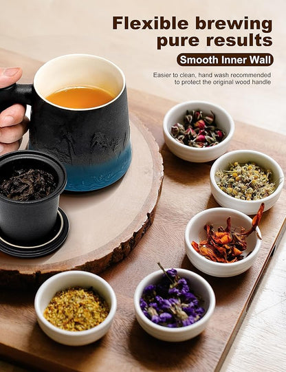 suyika Ceramic Tea Cup with Infuser and Lid, Gradient Embossed Large Tea Mug Wooden Handle for Steeping Loose Leaf, Tea Lover Gifts 15.2 oz / 450 ml,Black & Cyan