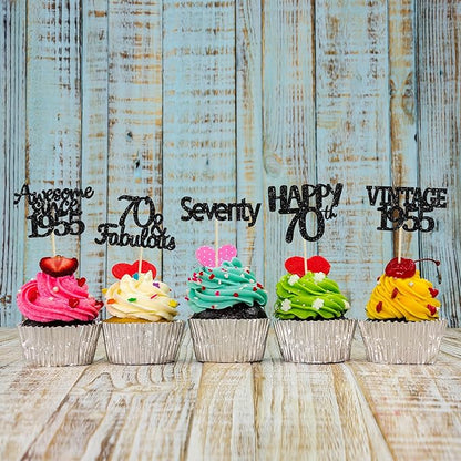 Gyufise 30Pcs 70th Birthday Cupcake Toppers Vintage 1955 Seventy Cake Decorations Cheers to 70 Fabulous Seventy Cupcake Picks 70th Birthday Wedding Anniversary Party Cake Decorations Supplies Black