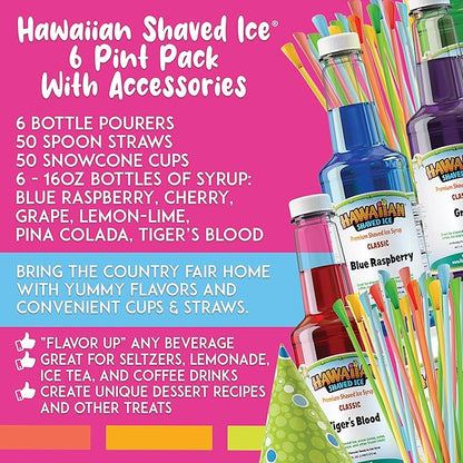 Hawaiian Shaved Ice Syrup Assortment with 6 - 16oz Bottles, 50 Snow Cone Cups, Spoon Straws, and Pouring Spouts. Flavors: Tiger’s Blood, Pina Colada, Blue Raspberry, Grape, Cherry, Lemon-Lime