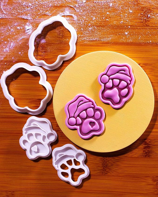 BAKERLOGY Paw-lalalala – Mini Santa Paw Cookie Cutter & Stamp Set (2") – Set of 2 Paw Prints with Santa Hat for Christmas Pet-Themed Fondant Embossers for Festive Cookies, Cupcakes and Edible Crafts