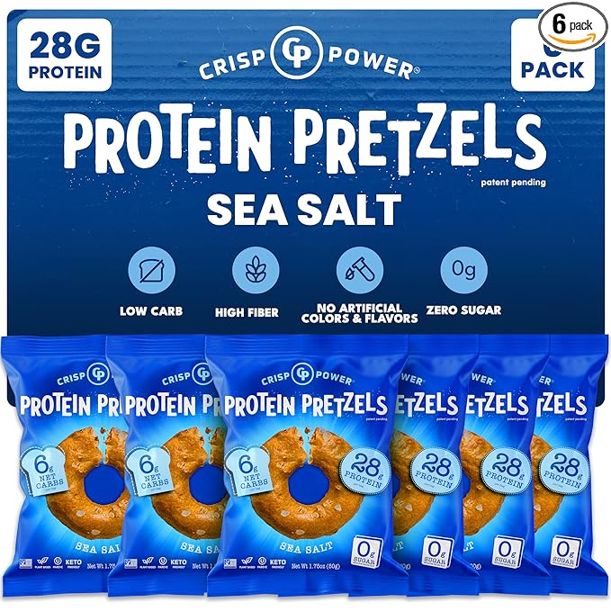 Crisp Power Protein Pretzels, Sea Salt, High Protein Vegan Keto Snack, 28 G Plant Based Protein, Low Carb Crunchy Pretzel Snacks, No Added Sugar, No Seed Oils, 1.75 oz Bags, 6 Pack
