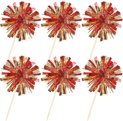 30 PCS Foil Firework Cupcake Toppers Sparkle Tinsel Cupcake Picks Happy Birthday Cake Decorations Drink Stirrers Cocktail Food Fruit Toothpicks for Baby Shower Graduation Party Supplies Red Gold