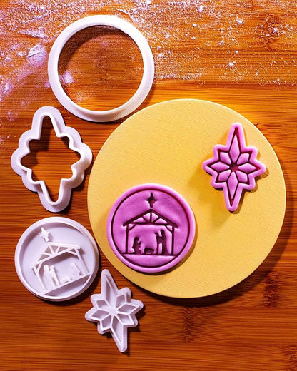 BAKERLOGY Holy Night – Mini Nativity Scene & Star of Bethlehem Cookie Cutter and Stamp Set (2") – Traditional Christmas Symbols for Holiday Baking and Seasonal Crafts