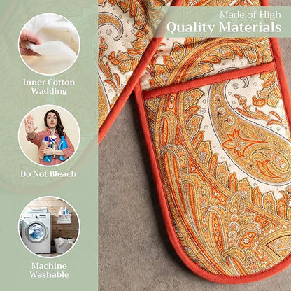 Maison d' Hermine Double Oven Mitts 100% Cotton 7"x35" Double Oven Mitt Heat Resistant BBQ Cooking Gloves with Loop, Baking, Grilling, Home, Kitchen, Handling Hot Pans (Kashmir Paisley)