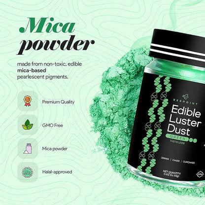 BeePoint Green Edible Luster Dust 15g - Food Grade, Vibrant Color Shimmer Powdered Dust for Drinks, Cocktails, Cake Decorating, Baking, Chocolates, Candy, Sweets, & Cookies - Vegan & Gluten Free