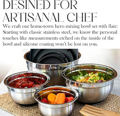 Bellemain Stainless Steel Non-Slip Mixing Bowls with Lids (5 Piece, Silver/Black)