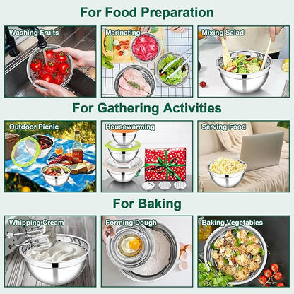 E-far Mixing Bowls with Lids and Graters, Stainless Steel Salad Mixing Bowl with Transparent Lid Set of 3, Metal Nesting Salad Storage for Kitchen Prepping/Serving/Baking, 4.6/2.6/1.5QT - Colorful
