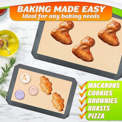 3 Pcs Silicone Baking Mat - Non-Stick Silicone Baking Mats Cookie Sheet with Reinforced Edges, Dishwasher Safe, Heat-Resistant - Uniform Heating & Easy Baking for Macarons, Cookie Dough, Roasts, Pizza