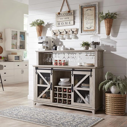 OKD Farmhouse Coffee Bar Cabinet with LED Lights, 55" Wine Bar w/Sliding Barn Door & Wine and Glass Rack, Kitchen Buffet Cabinet w/Storage Shelves for Dining Room,Light Rustic Oak