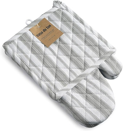 1 Oven Mitt, 1 PotHolder & 1 Kitchen Apron Set - Durable Heat Resistant Gloves - Thick Mittens for Kitchen - Suitable for Cooking, Baking, Grilling – Men & Women – Light Grey Stripes - Casa De Lan