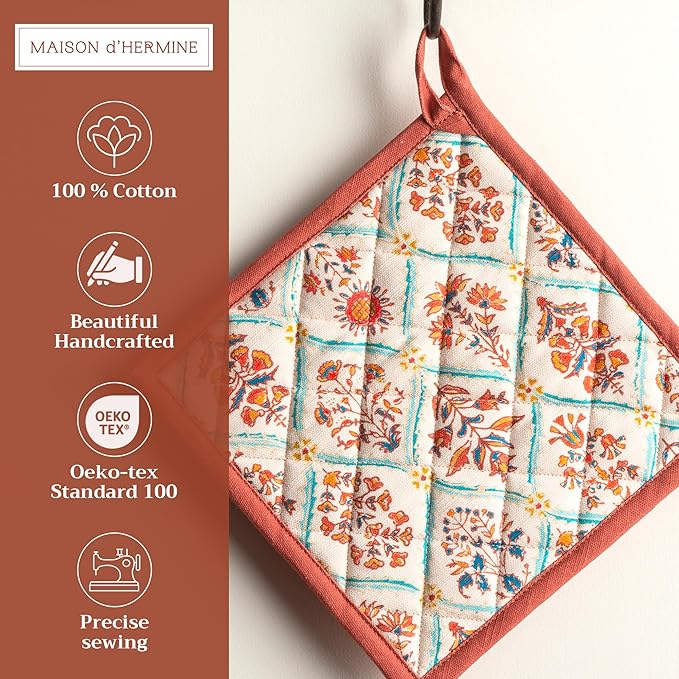 Maison d' Hermine Pot Holders Set 100% Cotton Heat Resistant Potholders 8" x 8" Hot Pads with Loop BBQ, Cooking, Baking, Grilling, Kitchen, Handling Hot Pans (Pack of 2, Romane)