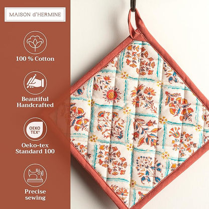 Maison d' Hermine Pot Holders 100% Cotton Heat Resistant Potholders 8" x 8" Hot Pads with Loop BBQ, Cooking, Baking, Grilling, Kitchen, Handling Hot Pans (Pack of 1, Romane)