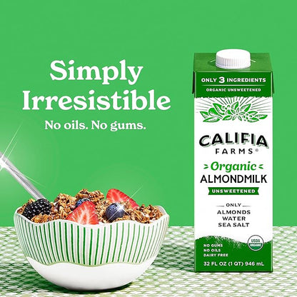Califia Farms - Organic Unsweetened Almond Milk, 32 Oz (Pack of 6), Dairy Free, Vegan, Plant Based, Keto, Vegan, Gluten Free, Non GMO, USDA Organic