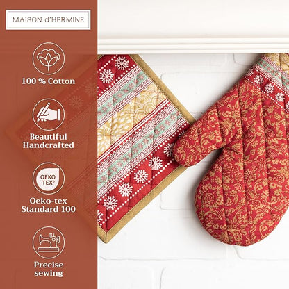 Maison d' Hermine 100% Cotton Oven Mitt & Pot Holder Set (7.5"x13" & 8"x8") Heat Resistant BBQ Cooking Gloves with Loop, Baking, Grilling, Kitchen, Handling Hot Pans (Sofia)