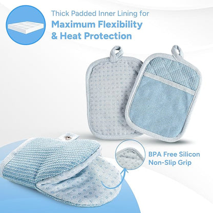 Casa Platino Silicone Oven Mitts Set, 8-Piece – 500°F Heat Resistant Mini Oven Mitt Set, Potholders for Kitchens, 2 Kitchen Towels & 2 Dish Cloths – Durable, Non-Slip & Machine Washable – Cornflower