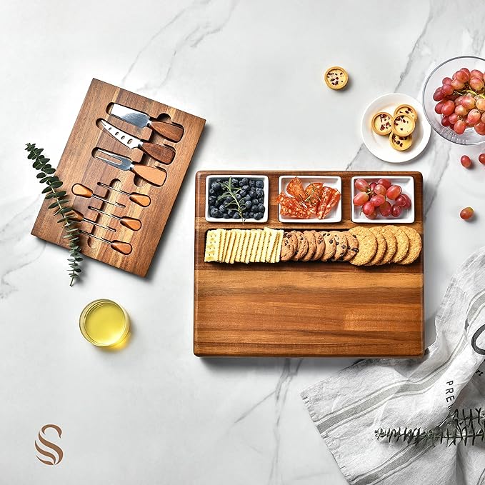 Shanik Large Acacia Wood Charcuterie Board Set with 3 Removable Ceramic Bowls & Serving Utensils - Housewarming, Wedding, Bridal Shower, Home and Kitchen, New Home Gift Ideas for Women, Gifts for Her