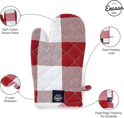 Encasa XO Long 12"x7" Oven Microwave Hand Gloves Mitts (2 pc Set) for Kitchen Cooking & Baking - Heat Resistant, Thick & Safe, Protection of Hands from Hot Utensils - Buffalo Red Checks