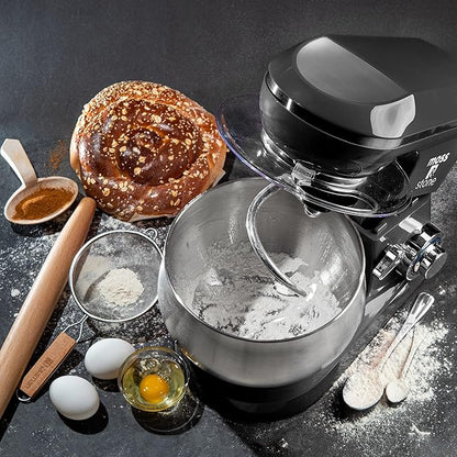 Moss & Stone Black Stand Mixer, 6 Speed Electric Mixer With 5.5 Quart Stainless Steel Mixing Bowl, Black Body Kitchen Mixer With Dough Hook, Egg Whisk, Beater & Baking Spatula, Classic Food Mixer