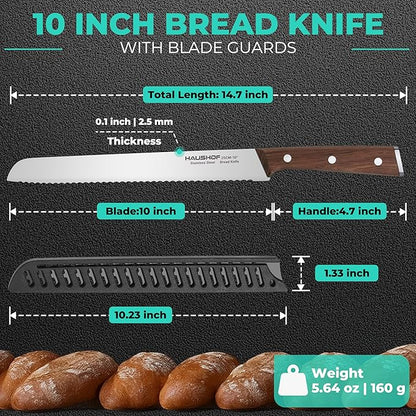 HAUSHOF Bread Knife with Sheath, 10-Inch Serrated Bread Knife for Homemade Bread, 5CR15M0V Premium Stainless Steel Bread Cutter with Gift Box for Mom Dad, Full Tang and Ergonomic Handle