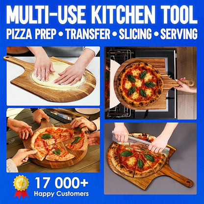 KitchenStar 14-Inch Acacia Wood Pizza Peel – Large Wooden Cutting & Serving Board with Handle – Natural Oil Finish – Ideal Pizza Oven Accessory for Easy Sliding & Prep