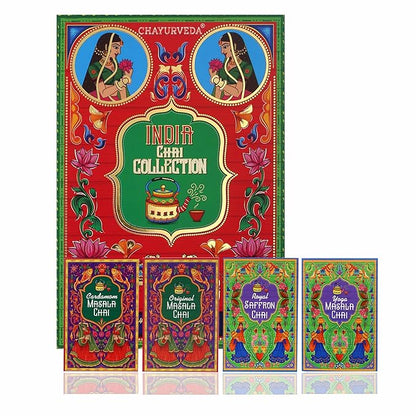Sancha Tea Boutique, India Chai Collection Gift Box, Assorted Indian Masala Chai Teas, Cardamom/Ginger/Tulsi/Saffron, Variety Pack of 4 Loose Leaf Teas, 50g Each