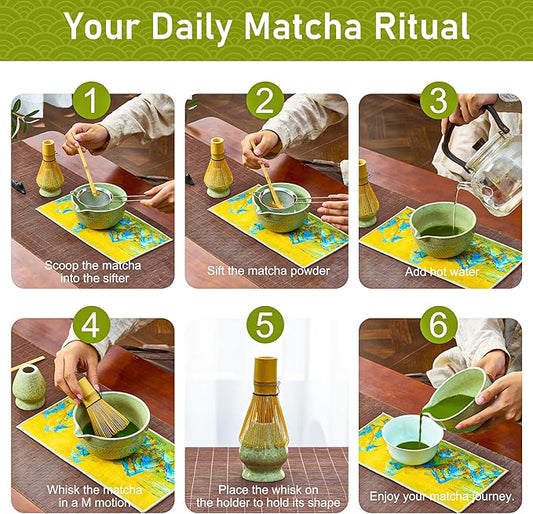 BeSoothe Matcha Whisk Set - Premium Matcha Set 7 Pcs - Ceremony Matcha Powder Kit - Matcha Tea Set for Making Latte - Matcha Whisk Set and Bowl with Scoop&Sifter, Ceramic Bowl - Gift for Matcha Lovers
