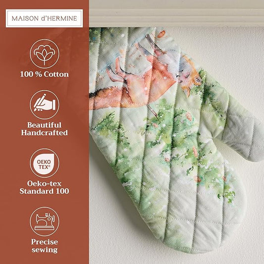 Maison d' Hermine Oven Gloves 100% Cotton Oven Mitt 7" x 13" with Loop Heat Resistant, BBQ, Cooking Gloves, Baking, Grilling, Kitchen, Handling Hot Pans (Pack of 1, Winter Mornings)