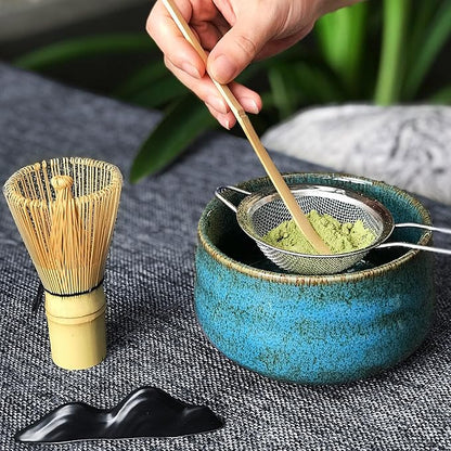 Japanese Matcha Tea Set(7pcs),Matcha Bowl And Whisk Set,Whisk Holder, Matcha Powder Sifter, Bamboo Scoop,The Perfect Matcha Tools Kit For Matcha Tea Ceremony (Kiln Glaze-Blue)