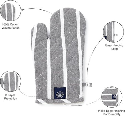 Encasa XO Long 12"x7" Oven Microwave Hand Gloves Mitts (2 pc Set) for Kitchen Cooking & Baking - Heat Resistant, Thick & Safe, Protection of Hands from Hot Utensils - Roma Grey Stripes