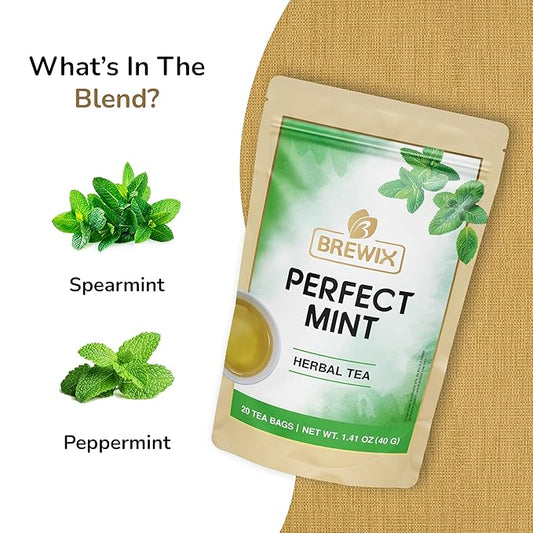 BREWIX, Perfect Mint Tea (20 Pyramid Tea Bags) | Soothing Mint Blend for Digestion Support & Daily Calm | Calming, Fresh and Cool | Caffeine Free Herbal Tea | No Sugar & No Caffeine | Spearmint and Peppermint